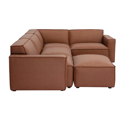 Canapé D'angle Modulable Vintage 5 Places Et Pouf En Cuir Marron Split
