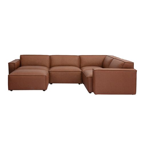 Canapé D'angle Modulable Vintage 5 Places Et Pouf En Cuir Marron Split