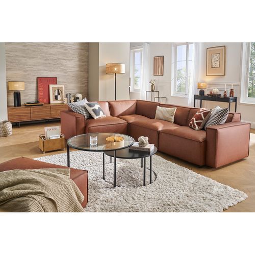 Canapé D'angle Modulable Vintage 5 Places En Cuir Marron Split