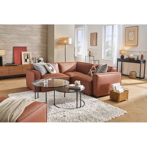 Canapé D'angle Modulable Vintage 3 Places En Cuir Marron Split