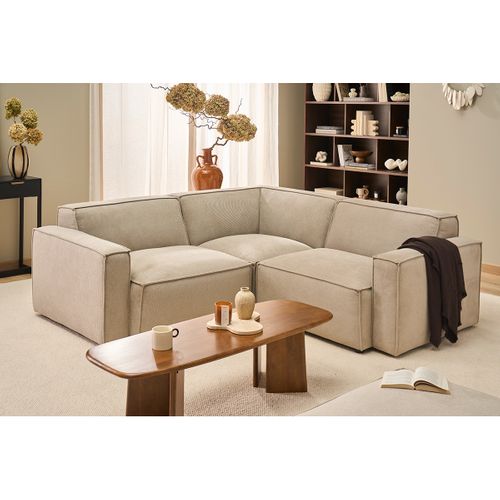 Canapé D'angle Modulable 3 Places En Tissu Effet Velours Texturé Beige Split