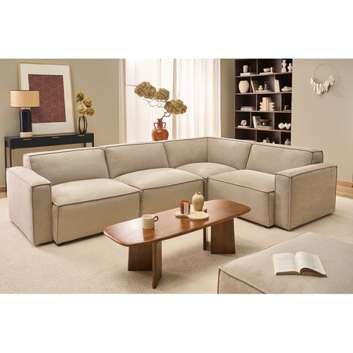 Canapé D'angle Modulable 5 Places En Tissu Effet Velours Texturé Beige Split