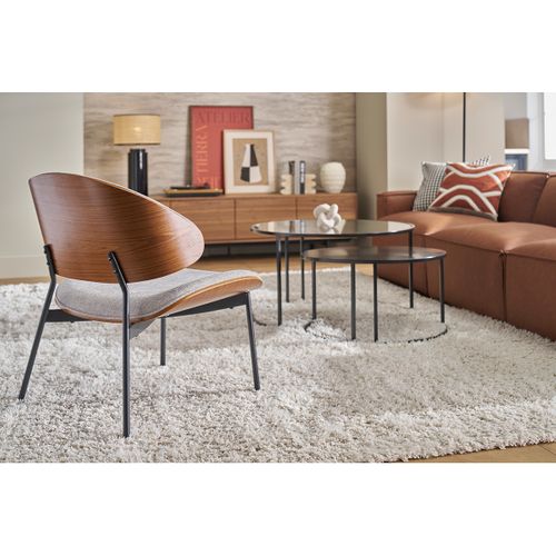 Fauteuil En Tissu Effet Velours Texturé Gris, Bois Foncé Et Métal Noir Fabulo