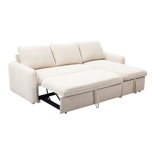 Canapé D'angle Convertible Réversible Avec Coffre 3 Places En Tissu Velours Côtelé Beige Orso