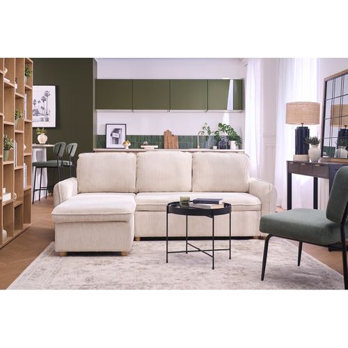 Canapé D'angle Convertible Réversible Avec Coffre 3 Places En Tissu Velours Côtelé Beige Orso