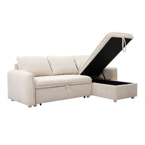 Canapé D'angle Convertible Réversible Avec Coffre 3 Places En Tissu Velours Côtelé Beige Orso
