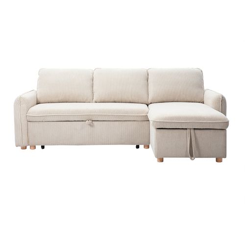 Canapé D'angle Convertible Réversible Avec Coffre 3 Places En Tissu Velours Côtelé Beige Orso