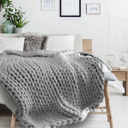 Plaid Tricoté Grosse Maille 120x150 Cm Chunky Gris