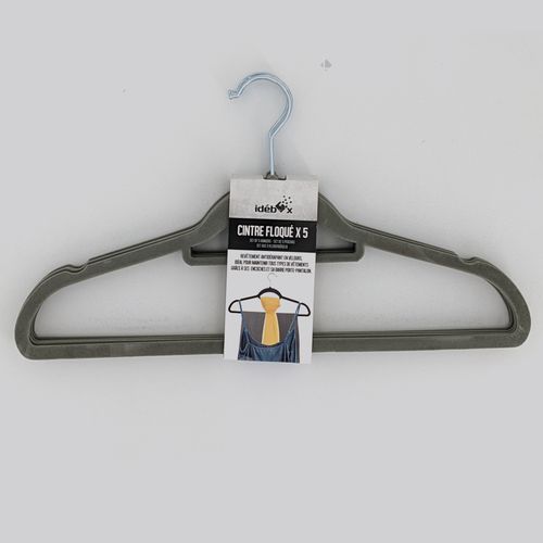 Lot De 5 Cintres Avec Barre Floqué Velours Gris