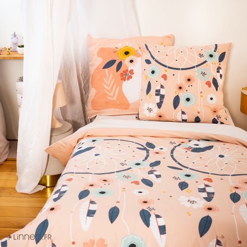 Parure De Lit 140x200 Cm Coton Bci Adouci Prunellia Rose 2 Pièces