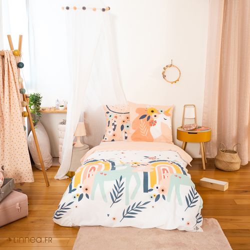 Parure De Lit 140x200 Cm Coton Bci Adouci Prunellia Rose 2 Pièces