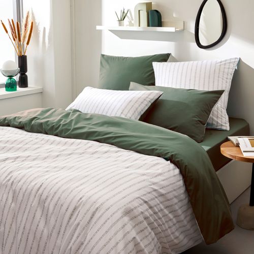 Parure De Lit 280x240 Cm 65x65 Cm Percale Coton Gaby Vert Kaki 3 Pièces