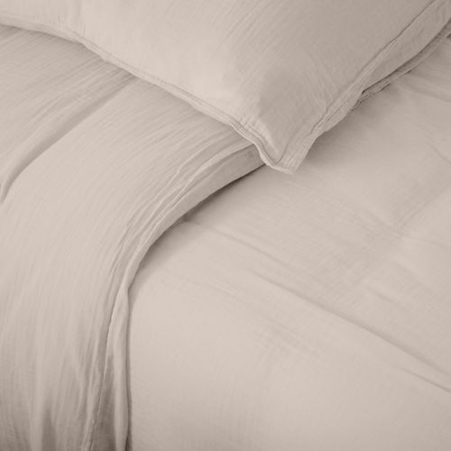 Parure De Lit 3 Pièces 240x220 Cm Et 65x65 Cm Mousseline De Coton Milos Beige Naturel
