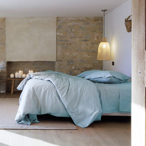 Taie D'oreiller Volants Plats 50x70 Cm Percale Manoir Bleu Glacier