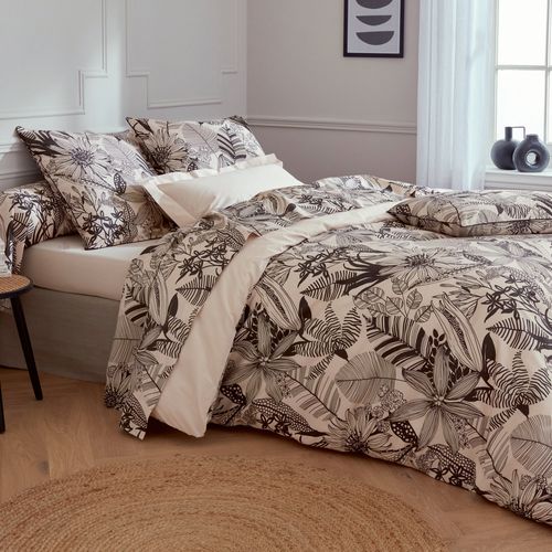 Parure De Lit 260x240 Cm Taies 50x70 Cm Percale De Coton Alba Beige/noir 3 Pièces