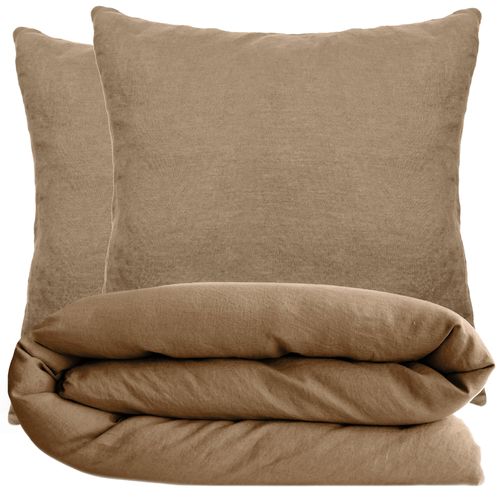 Parure De Lit 140x200 Cm Et 65x65cm Coton Lavé Palace Marron Cognac 2 Pièces