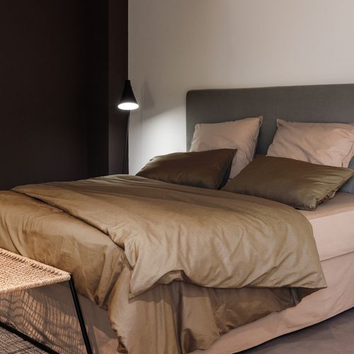 Parure De Lit 140x200 Cm Et 65x65cm Coton Lavé Palace Marron Cognac 2 Pièces