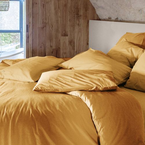 Parure De Lit 140x200 Cm Et 65x65 Cm Coton Lavé Palace Jaune Curry 2 Pièces