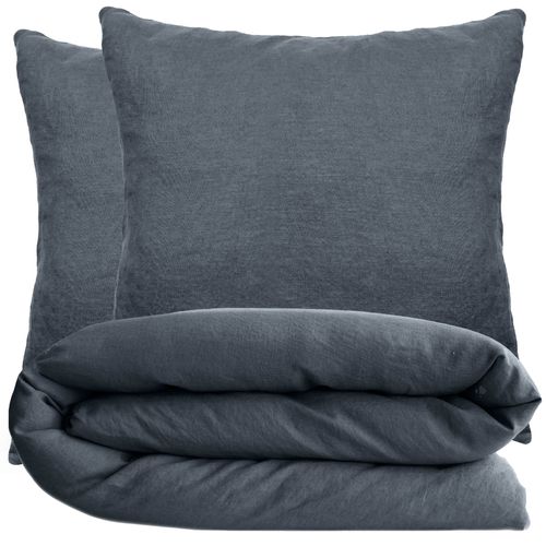 Parure De Lit 140x200 Cm Et 65x65 Cm Coton Lavé Palace Noir Granit 2 Pièces