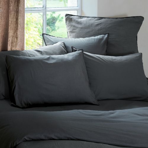 Parure De Lit 140x200 Cm Et 65x65 Cm Coton Lavé Palace Noir Granit 2 Pièces