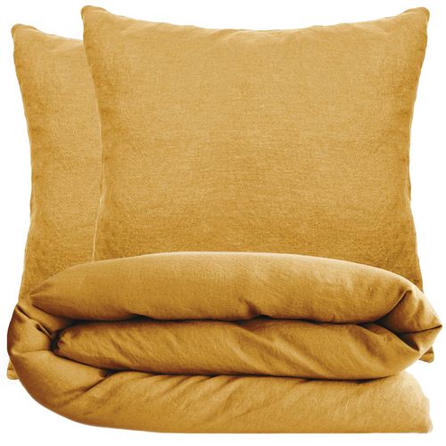 Parure De Lit 240x220 Cm Et 65x65 Cm Coton Lavé Palace Jaune Curry 3 Pièces