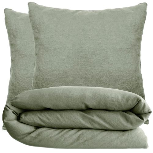Parure De Lit 240x220 Cm Et 65x65 Cm Coton Lavé Palace Vert Sauge 3 Pièces