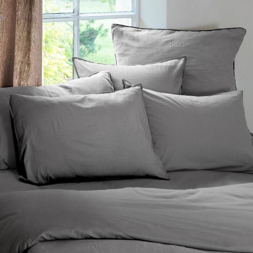 Parure De Lit 260x240 Cm Et 65x65 Cm Coton Lavé Palace Gris Acier 3 Pièces