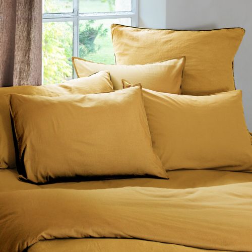 Parure De Lit 260x240 Cm Et 65x65 Cm Coton Lavé Palace Jaune Curry 3 Pièces