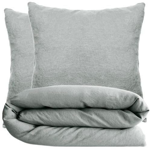 Parure De Lit 260x240 Cm Et 65x65 Cm Coton Lavé Palace Vert Lichen 3 Pièces