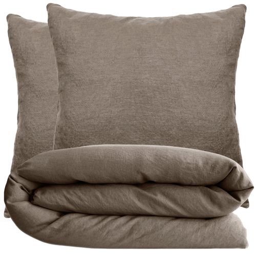 Parure De Lit 260x240 Cm Et 65x65 Cm Coton Lavé Palace Marron Tabac 3 Pièces