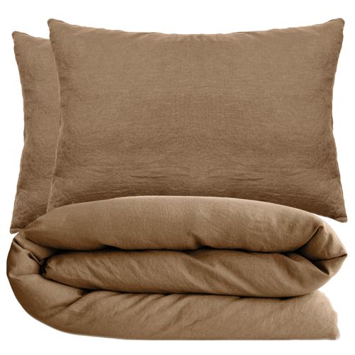 Parure De Lit 260x240 Cm Et 50x70 Cm Coton Lavé Palace Marron Cognac 3 Pièces