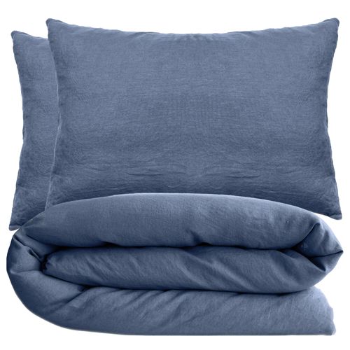 Parure De Lit 260x240 Cm Et 50x70 Cm Coton Lavé Palace Bleu Indigo 3 Pièces