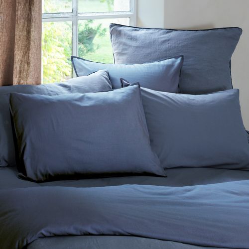 Parure De Lit 260x240 Cm Et 50x70 Cm Coton Lavé Palace Bleu Indigo 3 Pièces