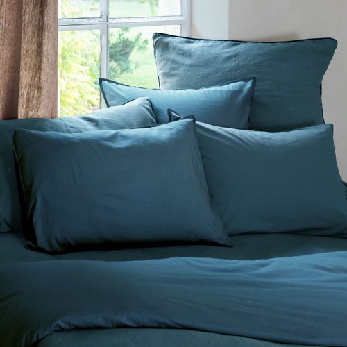 Parure De Lit 260x240 Cm Et 50x70 Cm Coton Lavé Palace Bleu Marine 3 Pièces