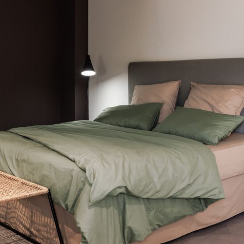 Parure De Lit 260x240 Cm Et 50x70 Cm Coton Lavé Palace Vert Sauge 3 Pièces