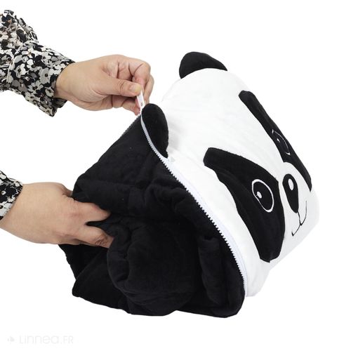 Coussin Plaid 100% Polyester 110x150 Cm Collection Animaux Panda Noir Et Blanc