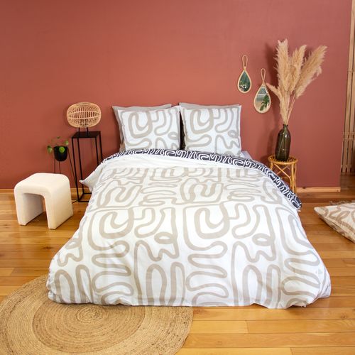 Parure De Lit 240x220 Cm Pur Coton Collection Sidnie Blanc Motif Abstrait 3 Pièces