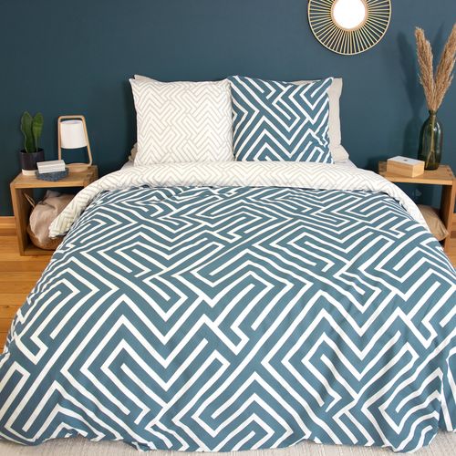 Parure De Lit 140x200 Cm Pur Coton Collection Phosy Motif Géométrique Bleu 2 Pièces