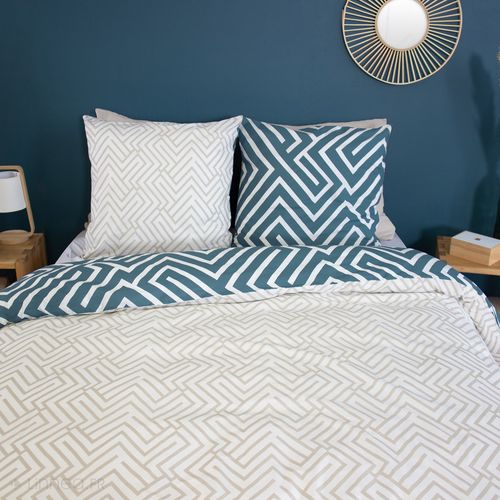 Parure De Lit 140x200 Cm Pur Coton Collection Phosy Motif Géométrique Bleu 2 Pièces