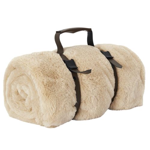 Plaid En Polyester 120x150 Cm Fleur De Lune Fausse Fourrure Avec Lanières Beige