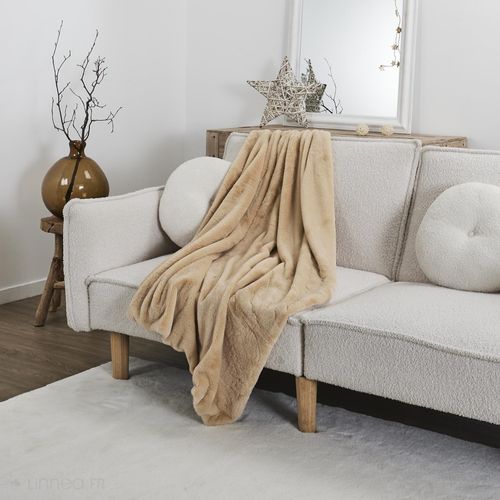 Plaid En Polyester 120x150 Cm Fleur De Lune Fausse Fourrure Avec Lanières Beige