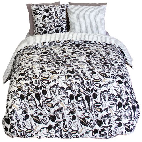 Parure De Lit 240x220 Cm En Microfibre Flore Noir Et Blanc Floral 3 Pièces