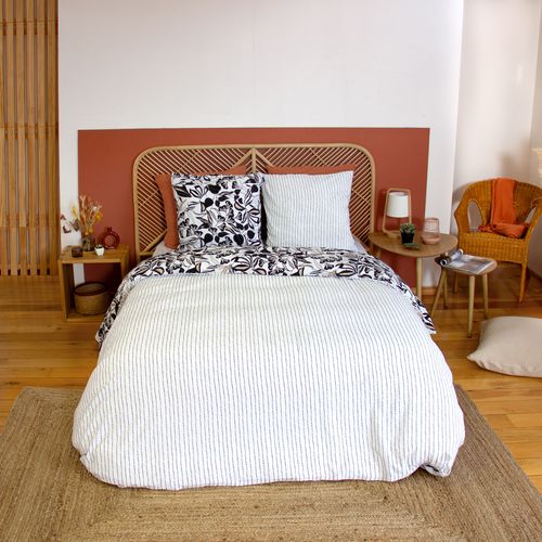 Parure De Lit 240x220 Cm En Microfibre Flore Noir Et Blanc Floral 3 Pièces