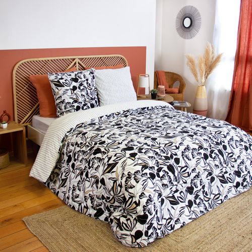 Parure De Lit 240x220 Cm En Microfibre Flore Noir Et Blanc Floral 3 Pièces