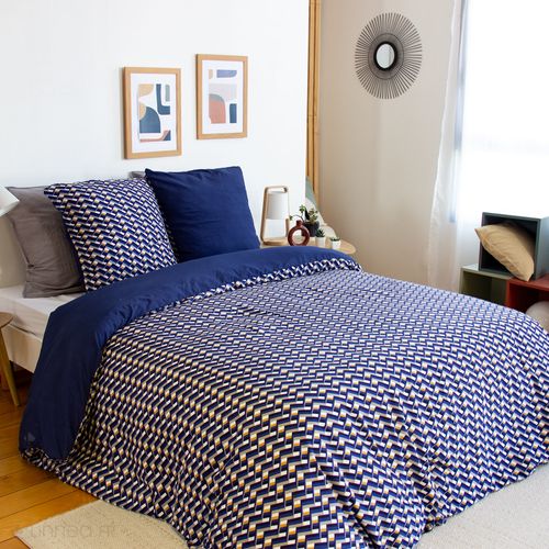 Parure De Lit 240x220 Cm En Microfibre Loss Bleu Foncé Motif Géométrique 3 Pièces