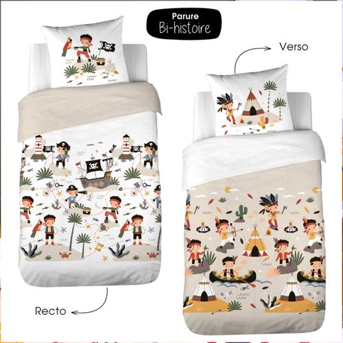 Parure De Lit Enfant Bi Histoire 140x200 Cm Ptit Aigle et Ptit Pirate Pur Coton Bci Mig Multicolore