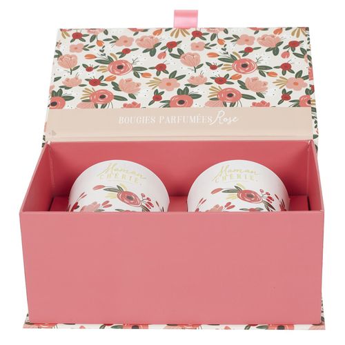 Coffret Cadeau 2 Bougies Parfumées Senteur Rose Maman Cherie Rose
