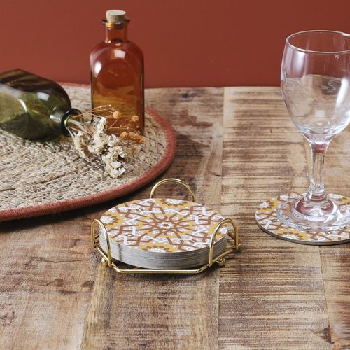 Lot De 6 Dessous De Verre En Bois Avec Son Support En Métal 10 Cm Medina Ocre