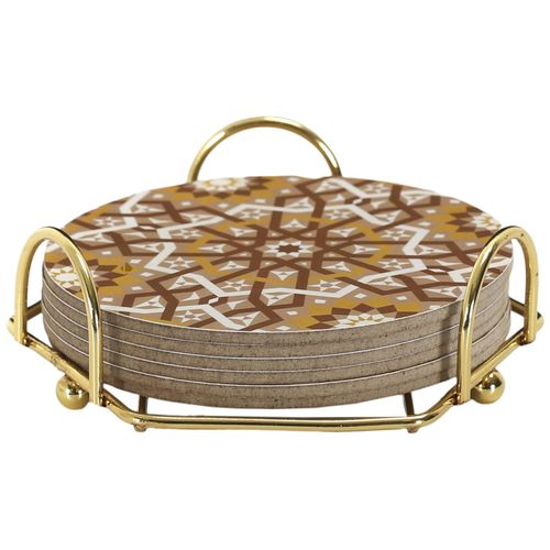 Lot De 6 Dessous De Verre En Bois Avec Son Support En Métal 10 Cm Medina Ocre