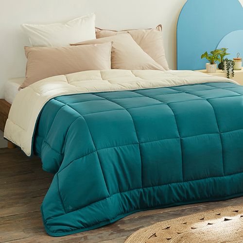 Couette Hiver 200x200 Cm Cocoon Bicolore Bleu Paon/galet Garnissage Fibre Polyester 400g/m2